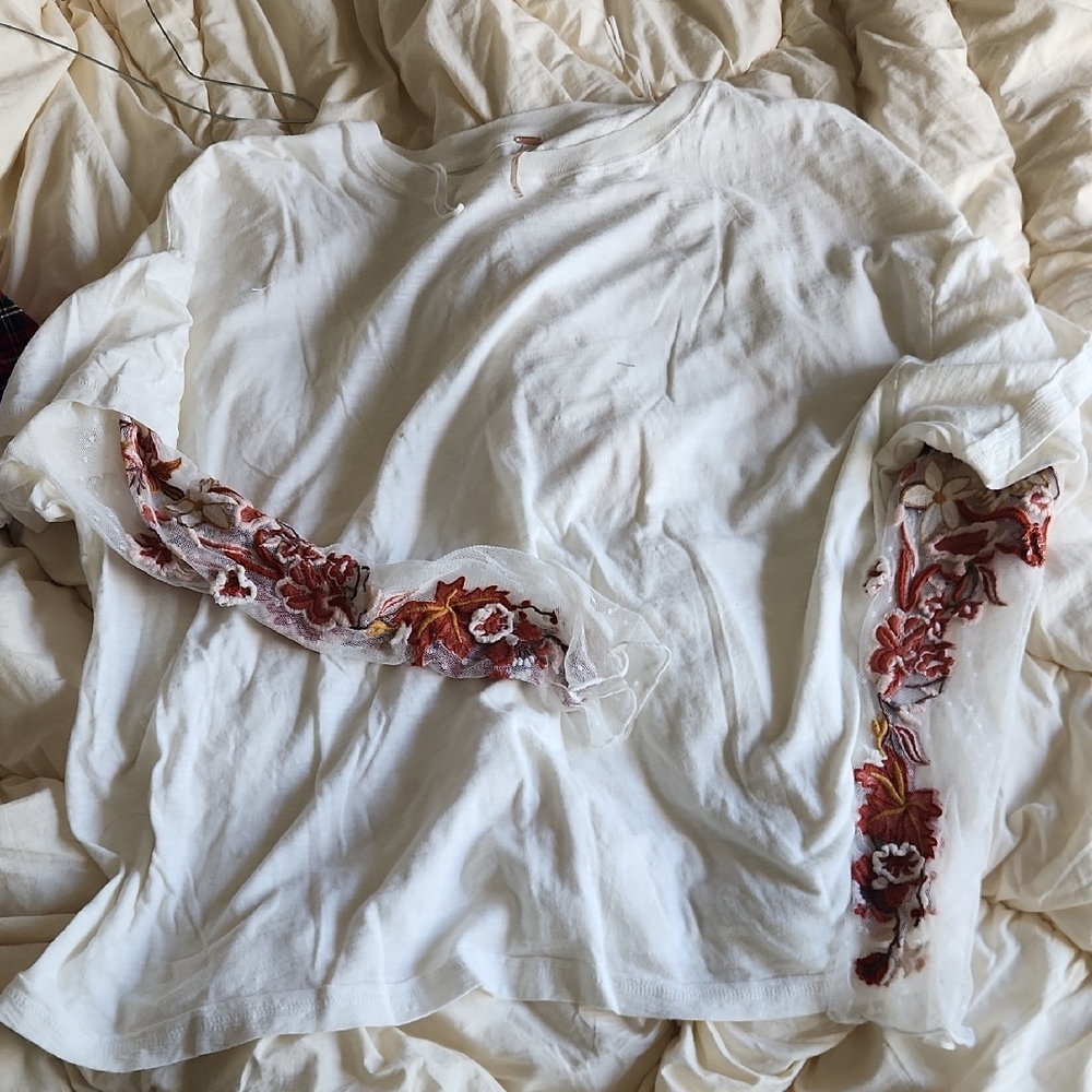Free People Embroidered White and Red Blouse